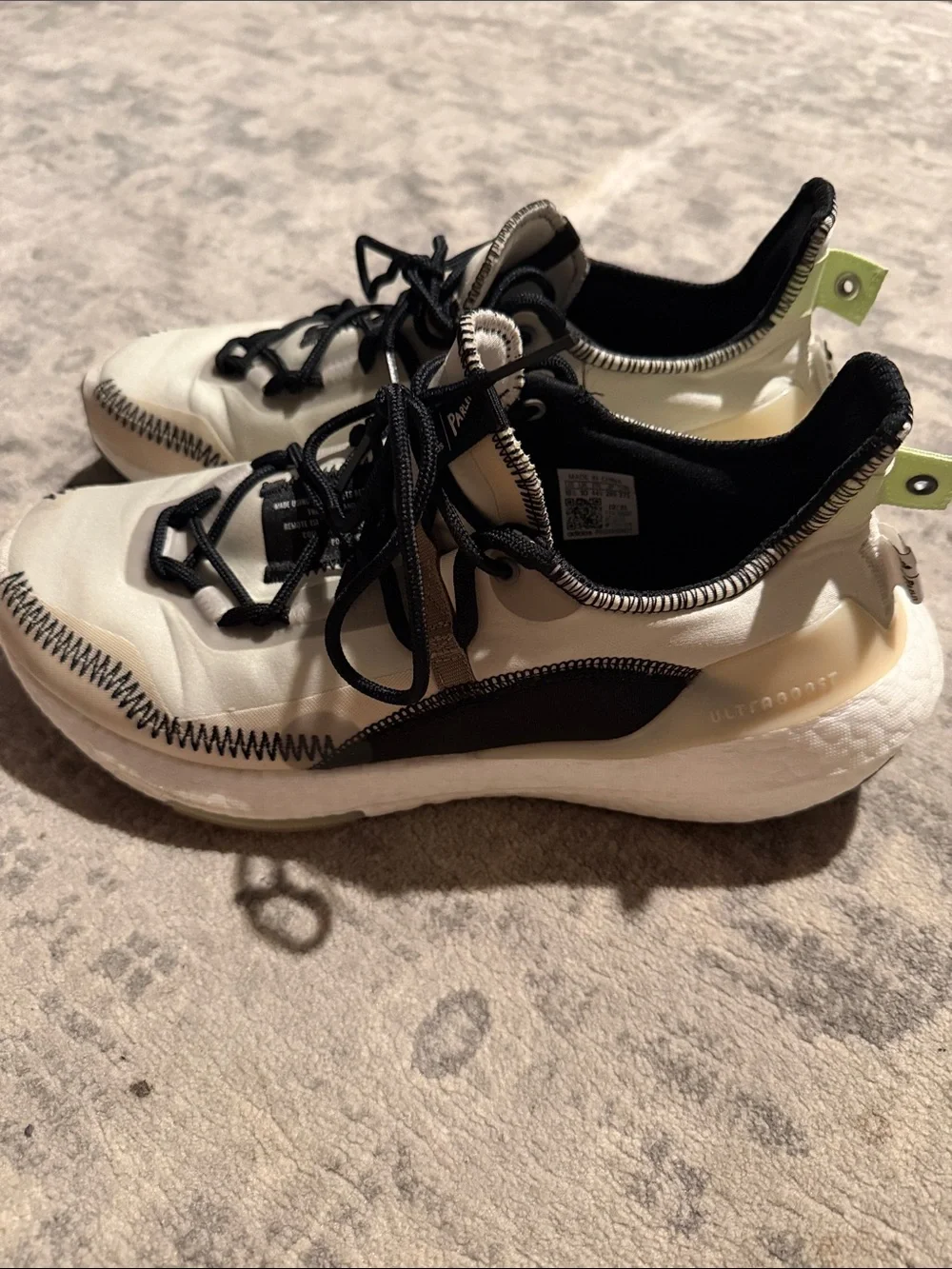 Adidas Parley Ultraboost Off White and Black and Green Athletic Sneakers
